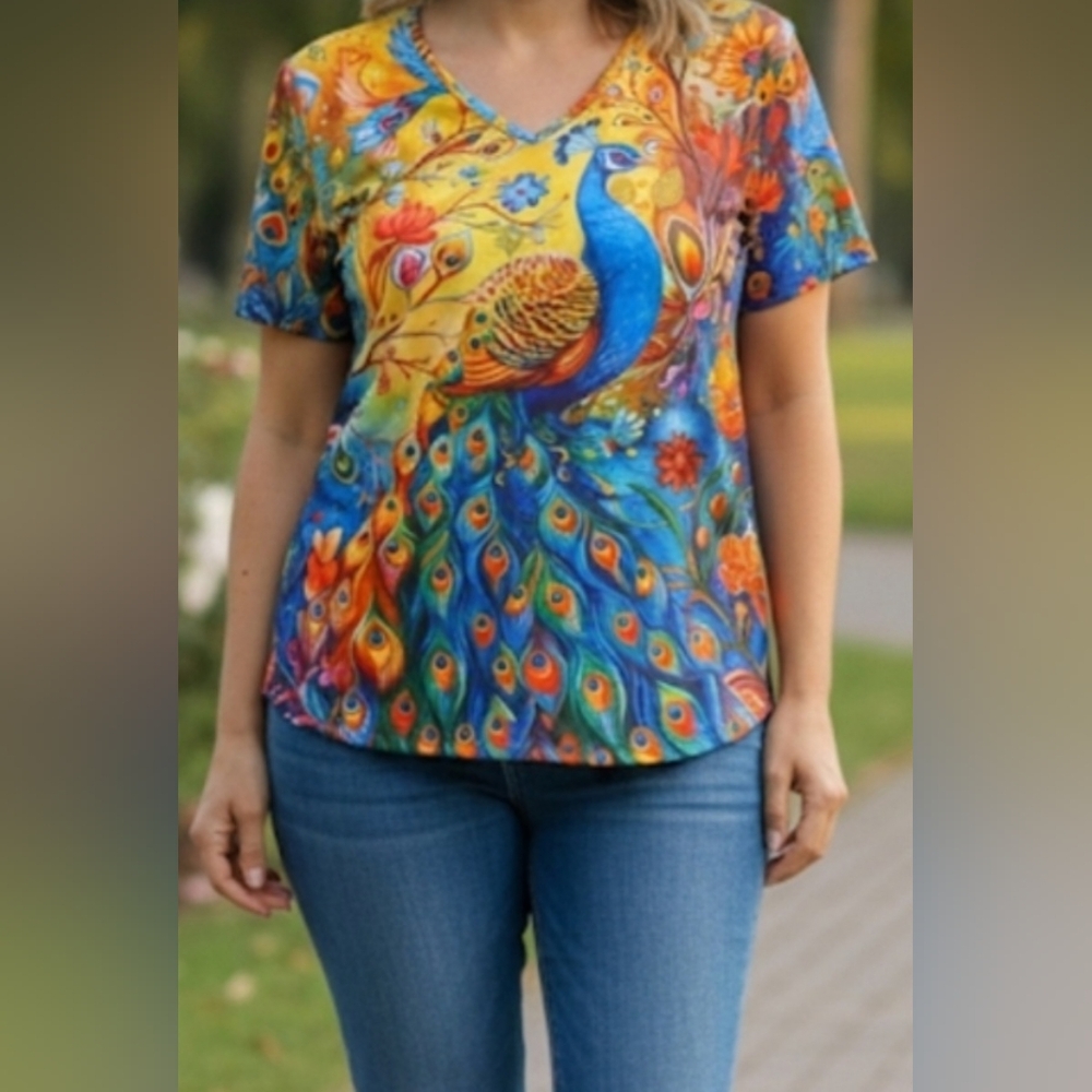 Emery Rose Colorful Peacock Print Women's Blouse